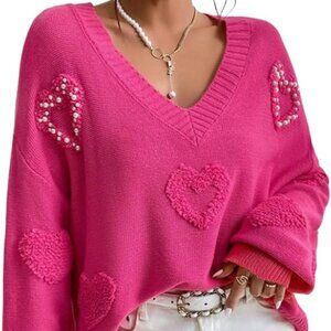 NEW Women's Fuzzy Heart Sweater V Neck Pearl Drop Shoulder Casual Long Sleeve XL